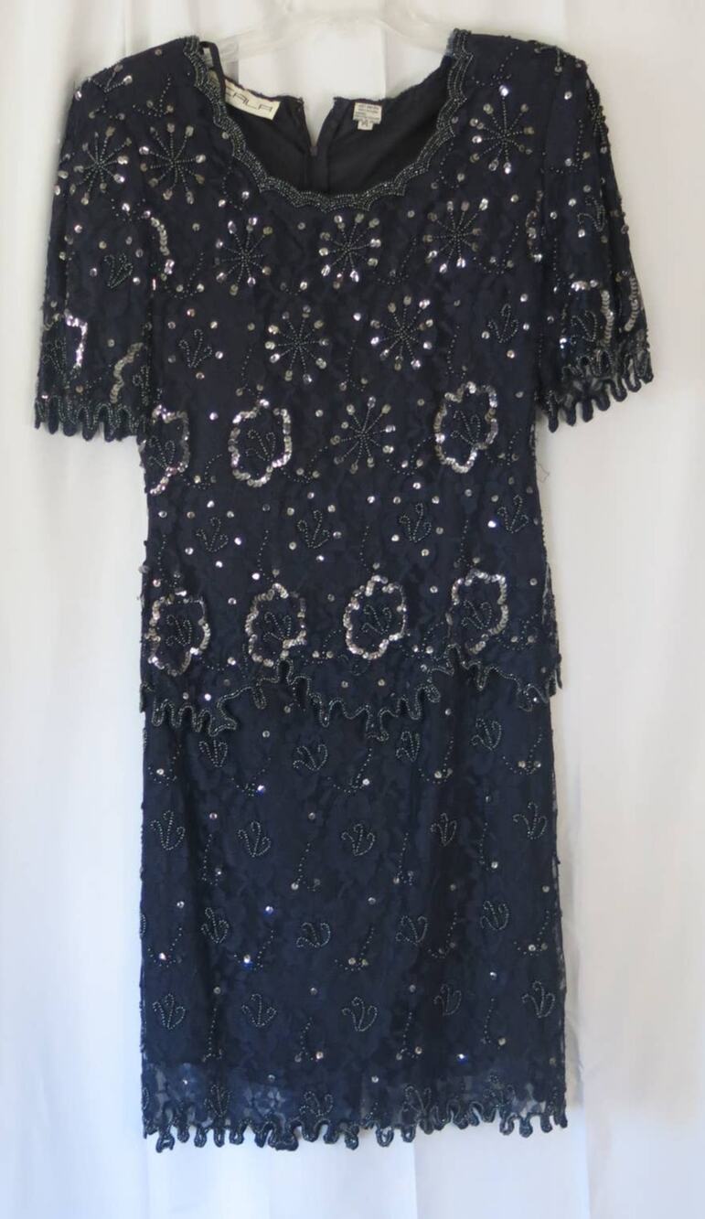 VINTAGE SCALA Dress Size PL Beaded Lace Sequins Cocktail/Evening/Party Navy Blue